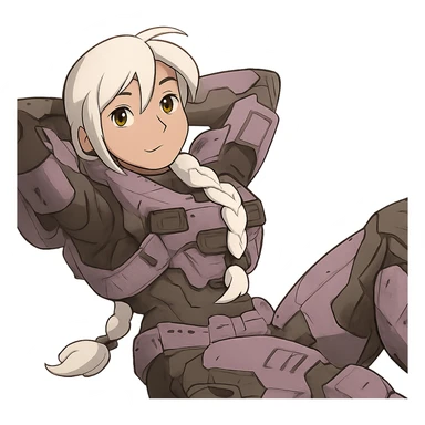 female, wearing reach spartan armor shoulder-unequip, long white braid hair with massive messy front side single bangs, gold yellow eyes, attention pose, HALO:series, no helmet, the armor is lavender color scheme, laying back and relaxing sticker