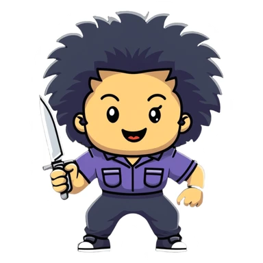 wild savage person in 1988 retro outfit with big hair, holding knife, evil laughing expression sticker