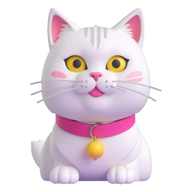 white furred cat with pink collar and yellow bell sticker