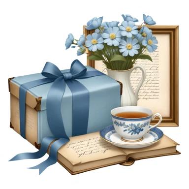A timeless arrangement of a dusty blue silk ribbon loosely wrapped around a bundle of aged letters, with pressed white flowers and a porcelain tea set in the background.
 sticker