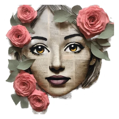 Person face portrait made entirely of newspaper cuttings and roses sticker