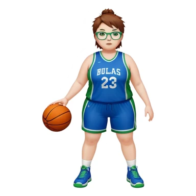 Full Body white plus size Girl with basketball spikey short brown HAIR wearing blue glasses with green eyes wearing blue and green basketball uniform PLAIN sticker