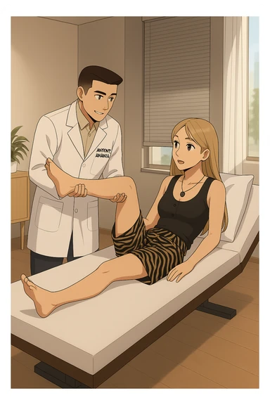 fai un webtoon/manga a colori con questo kinesiologo in camice bianco (fagli la scritta "ANTONIO ANANIA" SUL CAMICE) CHE SVOLGE UN TEST NEUROMUSCOLARE SOLLEVANDO UNA GAMBA ALLA RAGAZZA CHE è STESA SU UN LETTINO BIANCO. STANZA SEMPLICE E MODERNA, DURANTE IL TEST I DUE DIALOGANO TRA LORO. NON FARE I FUMETTI, FAI SOLO LORO COME SE DIALOGASSERO sticker