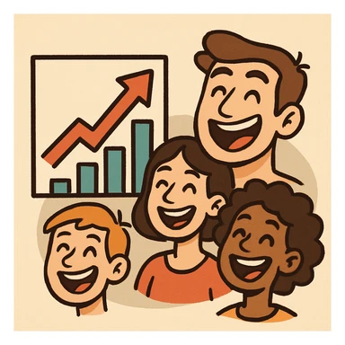 icon with upward graph and smiling faces, growth in price, joy, happiness, and success, flat style sticker
