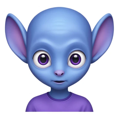 Portrait of an cute alien with smooth purple-blue skin, small antennae, large black oval eyes, small nose, and visible ears, elongated head, front-facing, wearing blue t-shirt, soft glow, simple futuristic design sticker