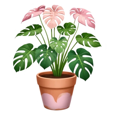 monstera plant in a plant pot in terra cota with white and pink flowers hand painted on the pot  sticker
