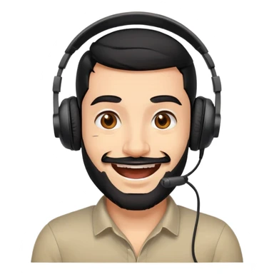 Very happy excited grinning man with black hair, brown eyes, black beard wearing a gaming headset sticker