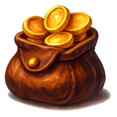 В cлегка рисованной, но при этом объемной и яркой стилистике сгенерируй картинку кожаного кошелька, из которого торчат золотые монеты. Они должны выглядеть не как пластмассовые, а как настоящее золото. Прозрачный фон sticker