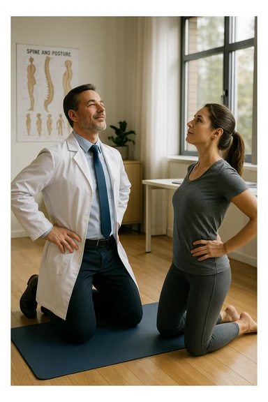 A realistic, cinematic illustration of a professional doctor in a white coat inside a bright, modern medical office, demonstrating a simple stretching exercise to a patient for improving posture. The doctor, calm and encouraging, shows a gentle spinal extension stretch while explaining its benefits for posture and spinal health, with an anatomical poster of the spine and posture alignment in the background. The scene includes a yoga mat, clean wooden floors, and natural light streaming through large windows, creating a warm, health-focused atmosphere. The patient, in comfortable activewear, watches and mirrors the stretch, emphasizing the preventive and therapeutic role of stretching for posture correction under medical guidanc sticker