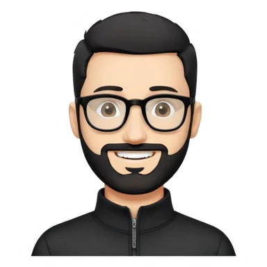 Fair-skinned man with very short buzzed black hair, short distinctly salt and pepper beard, large black-framed glasses, smiling, wearing black long sleeve quarter-zip shirt with visible zipper at collar sticker