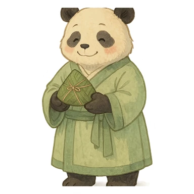 a panda wearing light green Hanfu, holding zongzi with both hands, standing and smiling, full body standing posture, Chinese style, soft color tones sticker