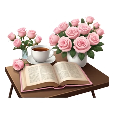 A cozy reading nook with an open book, a steaming cup of tea, and a bouquet of pale pink roses. sticker