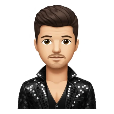 Robin Thicke with dark brown hair, black sequin outfit, light skin sticker