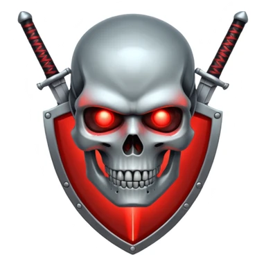 Sci-fi shield badge, terminator style skull, glowing red eyes, crossed futuristic sword energy, starwars light sable, no background sticker