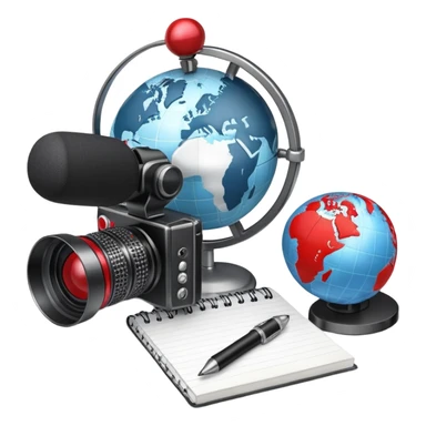An icon showing a microphone, a notepad, and a camera, symbolizing journalism. The design includes a globe in the background, representing global news, and a breaking news banner for emphasis. Transparent background highlights the dynamic world of media and reporting. sticker