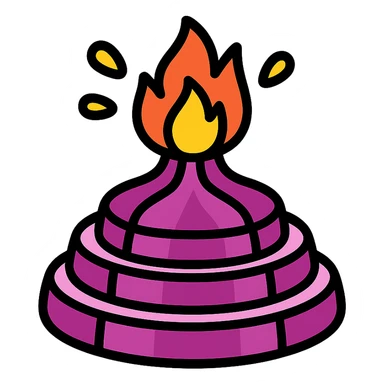 sliced onion stacked to look like a volcano with fire erupting from the top sticker