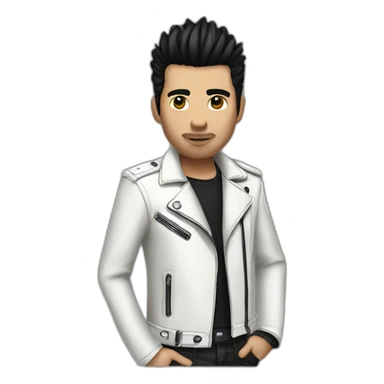 Punk male,dark hair, with white leather jacket with dark hair sticker