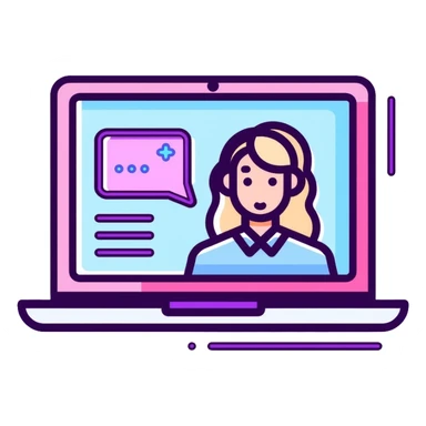 laptop computer with video chat interface on screen, pink and light blue colors, with neon glow lines, blue neon light on top left, purple neon light on bottom right sticker
