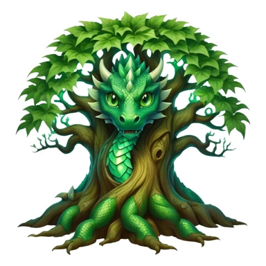 A majestic tree with a dragon's face carved into its trunk, glowing emerald green eyes, and intricate scales blending into the bark, surrounded by a mystical aura and soft glowing leaves. sticker