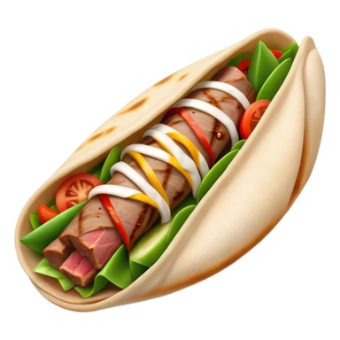 Cinematic Realistic Gyros Dish Emoji, showcasing succulent, spiced meat wrapped in pita with fresh vegetables rendered with lifelike detail and dynamic, appetizing lighting. sticker