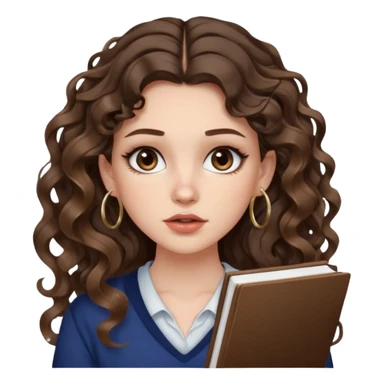 cute girl with not volominous VERY LONG curly/wavy brunette hair with balayage, brown eyes, full lips, natural clean girl makeup and hoop earrings white girl: super desperate studying sticker
