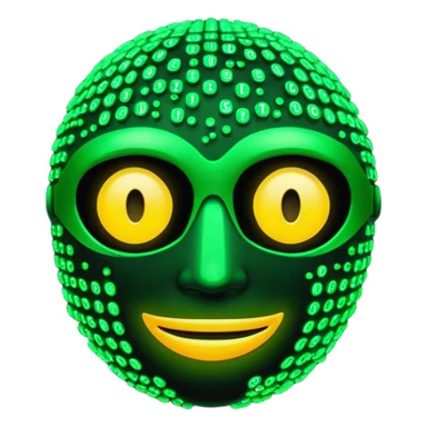 Cyberpunk emoji formed from cascading green Matrix symbols, neon glow, dark futuristic background, smooth rounded design, 3D style, high contrast, cinematic lighting. sticker
