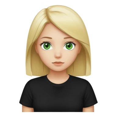 Girl with green eyes, blonde with straight hair to the chest in a black t-shirt sticker