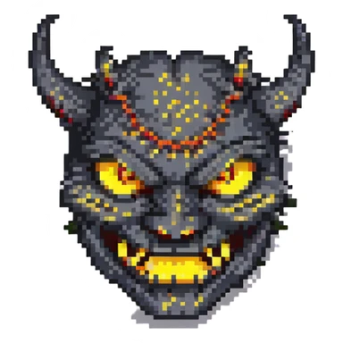 pixel art شیطان, grinning devil face, glowing yellow eyes, stylized sticker