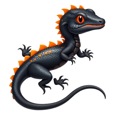 A black Salandit-newt-hybrid-Fakémon-creature with orange belly sticker