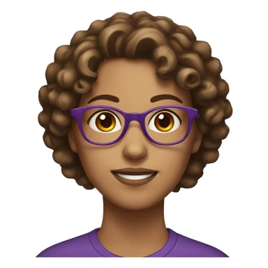 female with brown curly hair, hazel eyes, purple glasses sticker