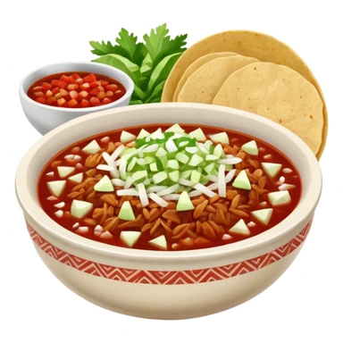 A delicious hot bowl of pozole rojo with the sides next to the bowl: chopped onions, shredded cabbage, lime wedges, red chile de arbol salsa, and full round tostadas sticker