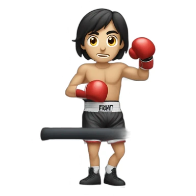 A dark-haired photographer in a boxing ring with an info bubble on the side that says fight. sticker