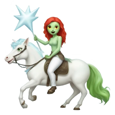 [
	{ woman: alien, color: light green, hair:red, eyes:cat} ]
	on a 
	[{ unicorn: white, legged:six, mane: light blue }] sticker