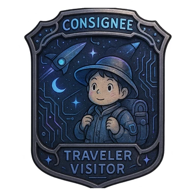 a metal insignia badge for a consignee traveler visitor, space scifi-futuristic cyberpunk futurepunk sticker