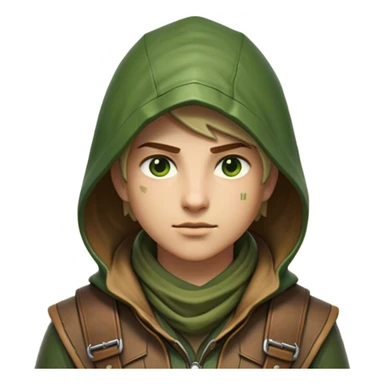 Clash of Clans aesthetic friendly Ranger Portrait Emoji, With a lean, agile build clad in earth-toned leather and green accents, a keen, focused gaze and a weathered hood shadowing determined eyes, his face rendered in a natural skin tone (not yellow), Simplified yet sharply defined features, highly detailed, glowing with a soft, natural woodland radiance, high shine, intelligent and resolute, stylized with an air of forest guardian authority, focused and alert, soft glowing outline, capturing the essence of a confident ranger ready to defend the wild with stealth and valor! sticker