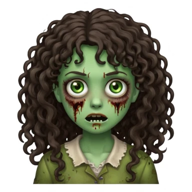 Emoji garota zombie com cabelo castanho escuro cacheado longo com franja cacheada sticker