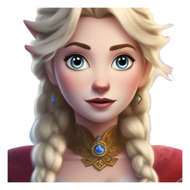 Warcraft award winning Elsa in Apple Ad style, oil paint, mysterious eyes, intricate lips, masterpiece pose, odd perspective, beautiful, desirable, logical, midsommar, ikea sticker