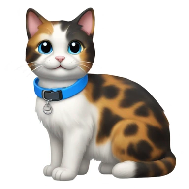 happy cute tortoiseshell white cat with blue cat collar full body  from half side perspective  sticker