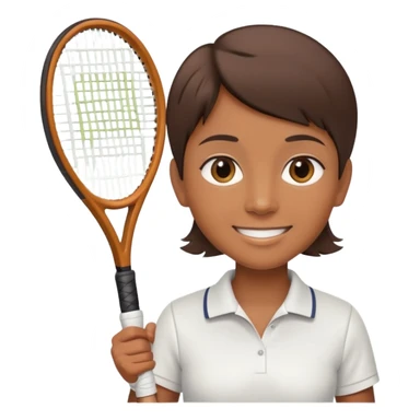 Chindian tennis coach, caramel brown skin, short straight hair, oval face, small eyes, smiling, holding a tennis racket sticker