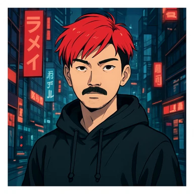 Asian man with black mustache, red hair, black hoodie, futuristic city background, Japanese cyberpunk anime style sticker