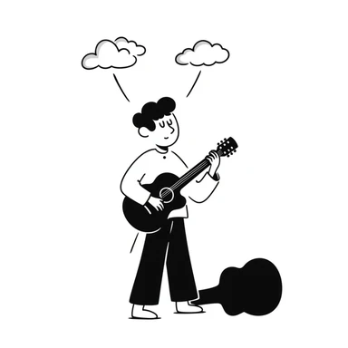 A musician playing guitar with head tilted up towards the sky, with clouds in the background, sad worried expression on face, concerned look, hoping for an opportunity sticker