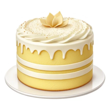 Cinematic Realistic Simple Vanilla Cake, a perfectly baked golden sponge with soft, airy layers, delicate vanilla frosting smoothly spread across the top, tiny flecks of vanilla bean visible, warm golden lighting creating depth, glowing with a sweet, irresistible charm. sticker