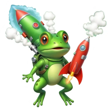 cute frog flying with a rocket pack, funny expression, rocket smoke trail, 3D cartoon, mobile game icon style, clean background, no text, no watermark sticker