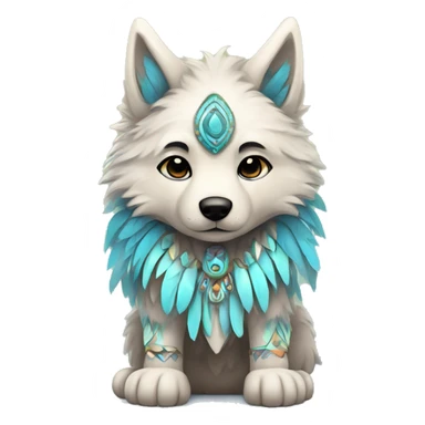 Fluffy Shy Colorful Chibi Spiritual Shamanic Wolf With Shiny Tribal Markings wearing feathers Full Body sticker