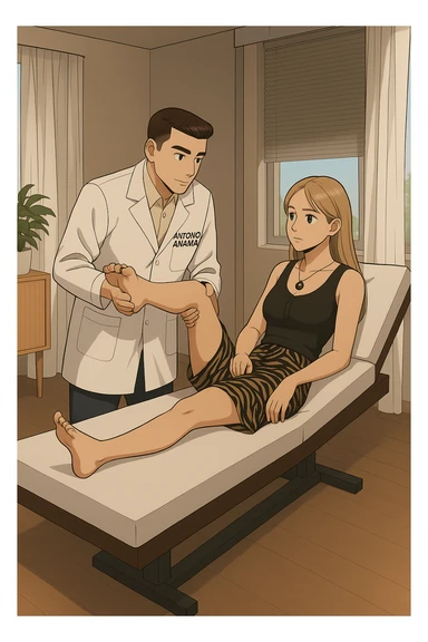 fai un webtoon/manga a colori con questo kinesiologo in camice bianco (fagli la scritta "ANTONIO ANANIA" SUL CAMICE) CHE SVOLGE UN TEST NEUROMUSCOLARE SOLLEVANDO UNA GAMBA ALLA RAGAZZA CHE è STESA SU UN LETTINO BIANCO. STANZA SEMPLICE E MODERNA, DURANTE IL TEST I DUE DIALOGANO TRA LORO. NON FARE I FUMETTI, FAI SOLO LORO COME SE DIALOGASSERO sticker