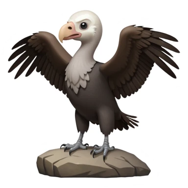 a vulture — large bird with dark brown feathers, bald WHİTE head, curved beak and sharp eyes — standing proudly on a rock — wings slightly open — realistic yet cute cartoon emoji look, clean lighting, soft shadows. sticker