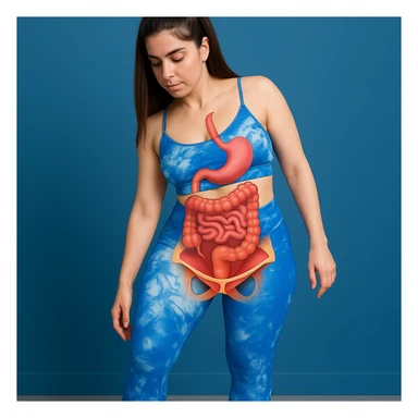 A slender woman in 4K in a physiotherapy studio, performing pelvic floor exercises, with an anatomical overlay highlighting the involved muscles and the position of the intestine, inspired by the reference photo. sticker