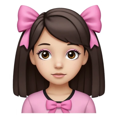 a 13 year old girl with black and brown hair with blond highlights. pink bows and pink outfit with long eyelashes and black eyes sticker