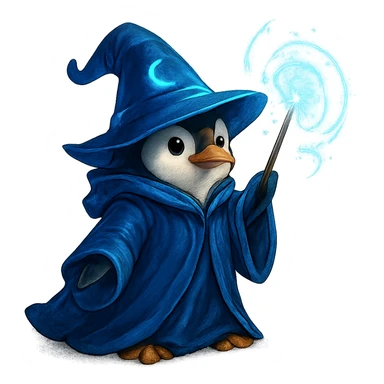 penguin wizard casting a spell wearing robe and hat with glowing effects sticker