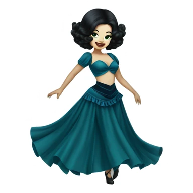 Burlesque dancer wearing blue with black hair, pale skin, and green eyes in a dark blue vintage costume dancing sticker